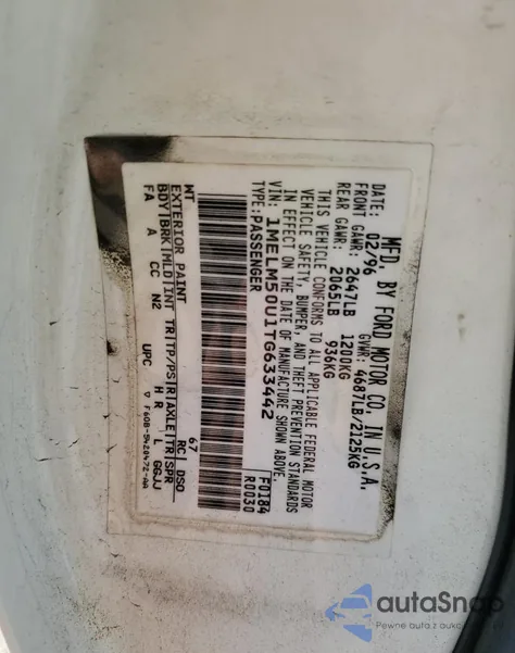 1996 Mercury Sable Gs from USA, damaged, VIN 1MELM50U1TG633442